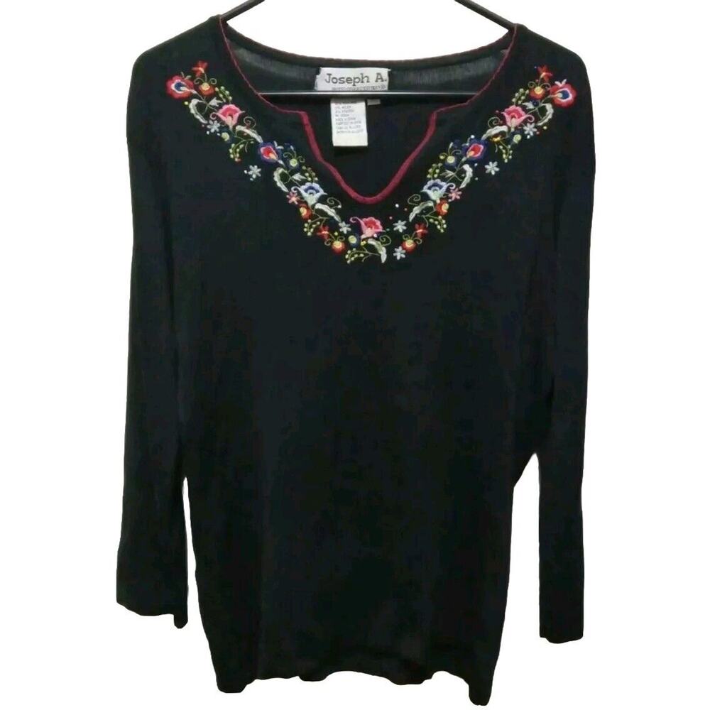 VTG Joseph A Black Silk Sweater XL Multicolor Floral Embroidery Cottagecore Boho